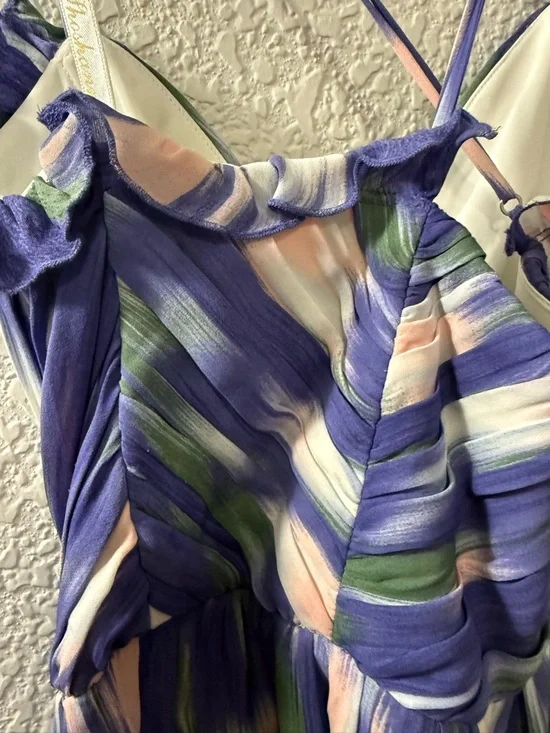 Purple Blue Abstract Print Dress | Flowy Fit & Flare Mini | 100% Silk | Size 8 - Picture 11 of 16